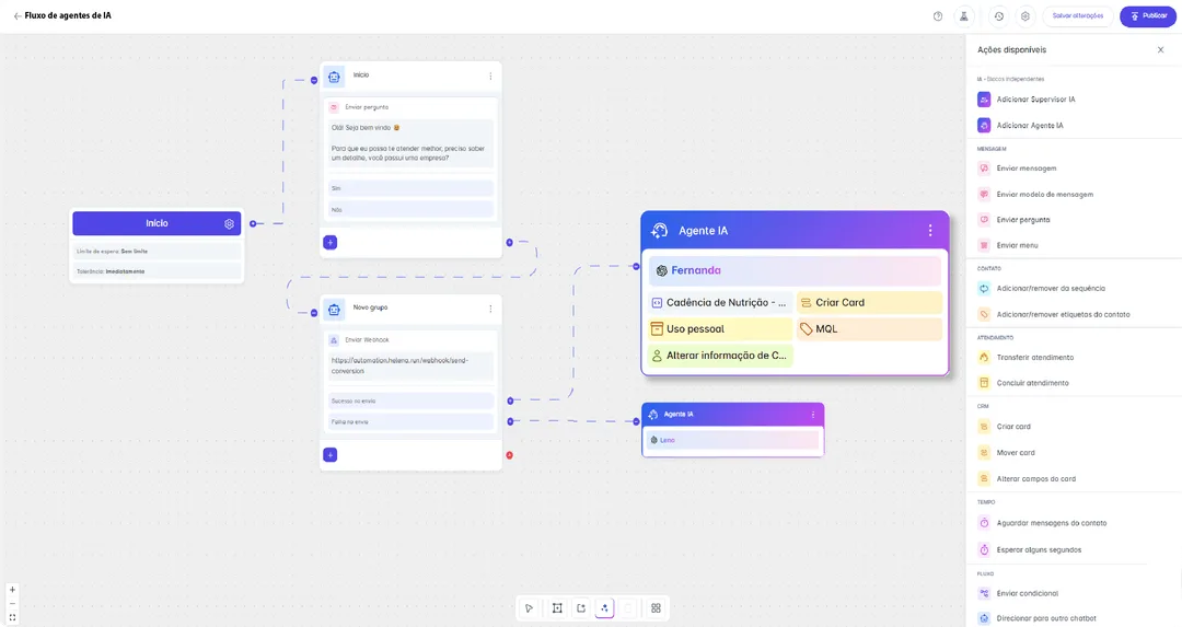Editor de fluxo com chatbot e agente de IA e o menu de ações disponíveis