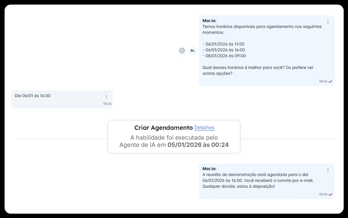 Conversa no WhatsApp em que o agente de IA oferece horários e cria o agendamento
