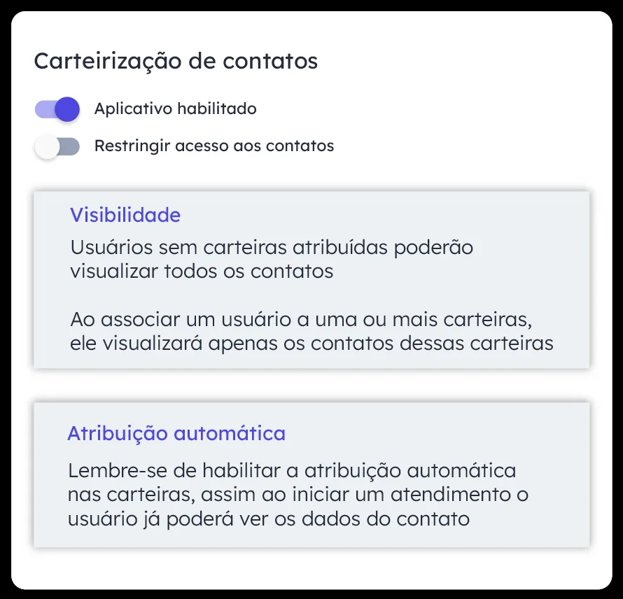 Tela de carteirização de contatos com opções de visibilidade e atribuição automática