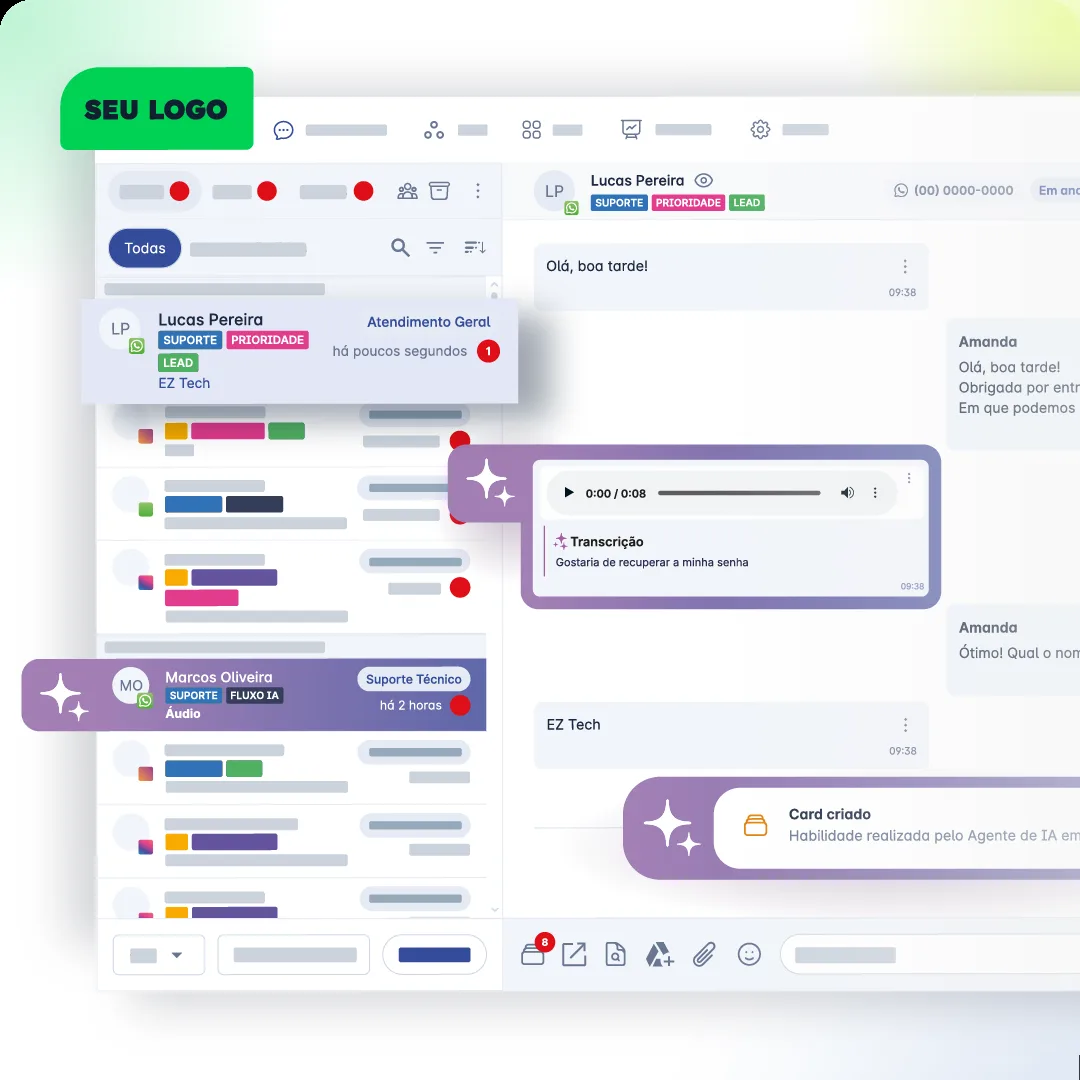 Conversa no WhatsApp em que o áudio do cliente é transcrito e a IA cria um card no CRM