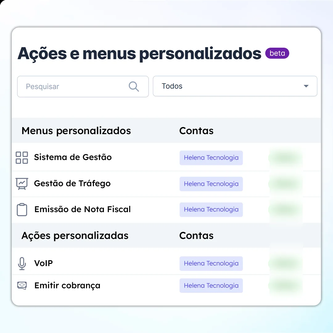 Menus e ações personalizados para sistema de gestão, emissão de nota fiscal e cobrança